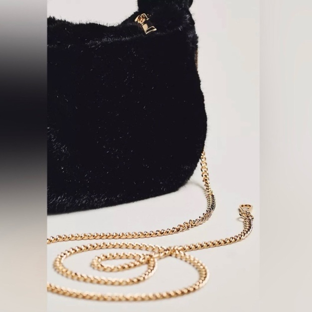 NWT Anthropologie Faux Fur Mini Hobo Bag in Black, Gold Hardware - Picture 2 of 10
